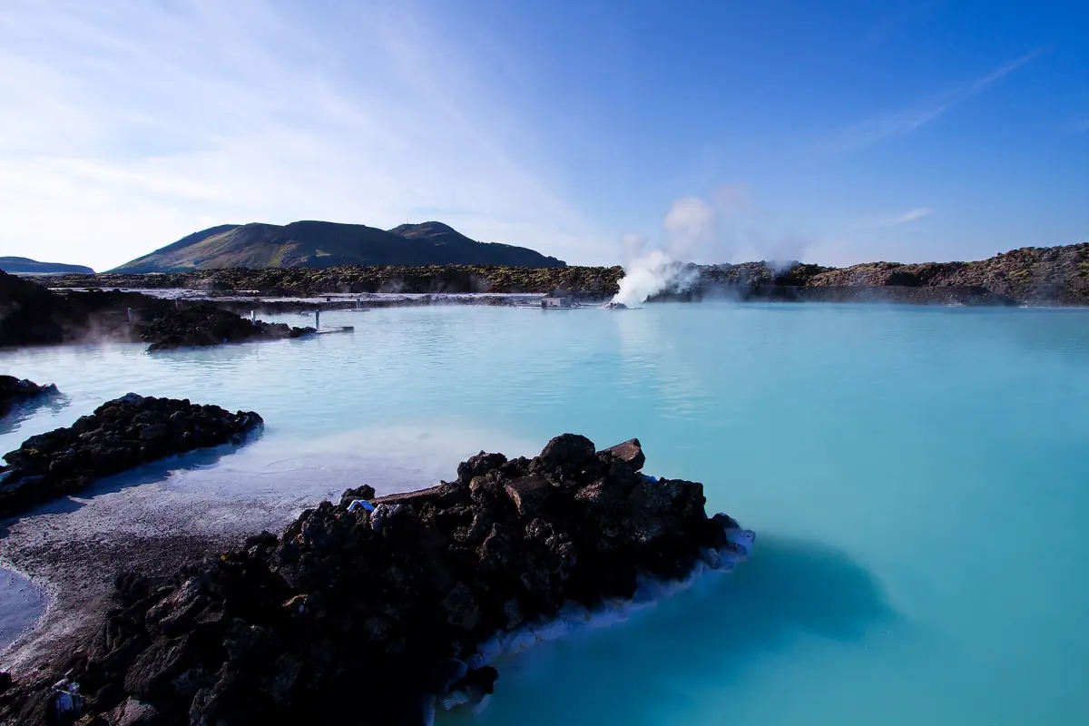 Milky blue water among lava rocks at the Blue Lagoon