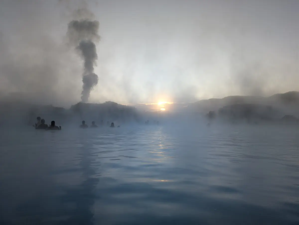 Steam over the Blue Lagoon at sunrise