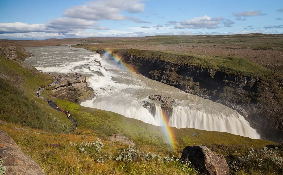 Gullfoss with a rainbow in summer