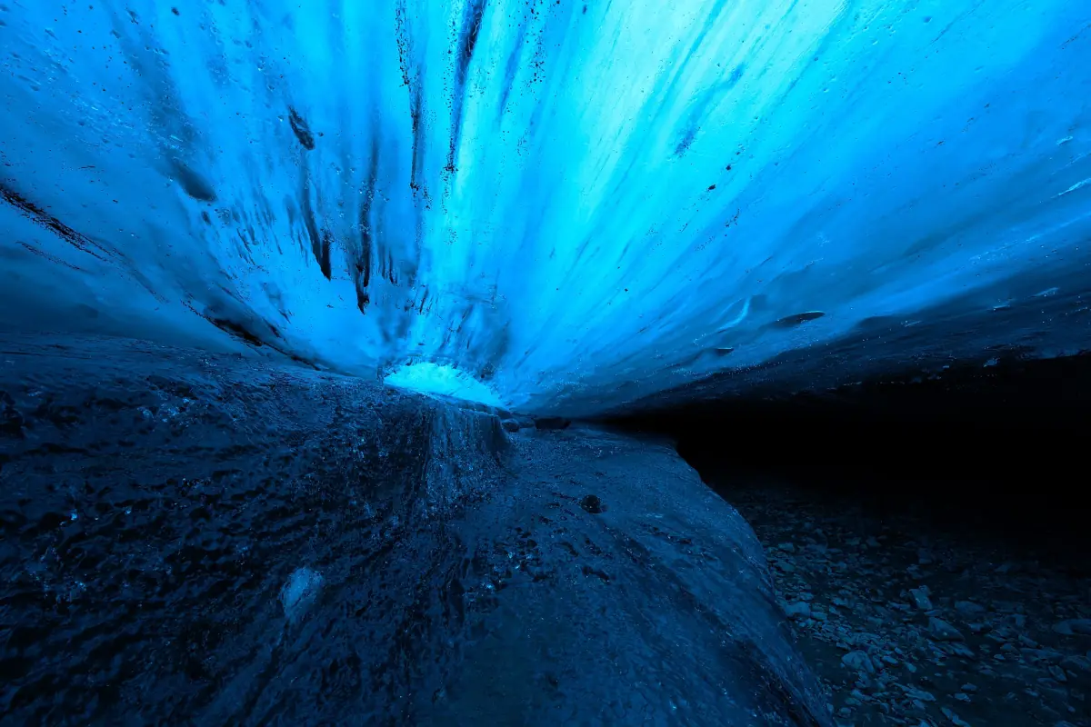 The blue ice roof of a glacier cave